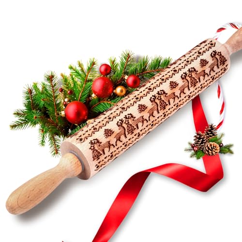 Christmas Gifts Wooden Embossed Rolling Pin for Baking, Stocking Stuffers Gifts for Women, Deep Engraved Embossing Rolling Pins with Snow Pattern Designs for Baking Cookies Stamps Roller DIY Tools
