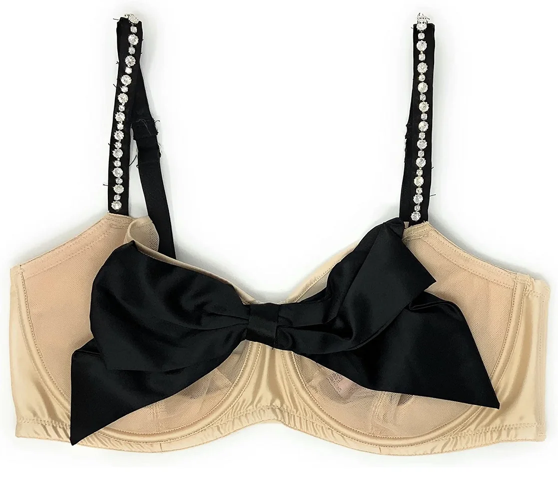 Victoria's Secret Dream Angels Push-Up Without Padding Bra Satin Bow Beige Rhinestone Strap 36D NWT