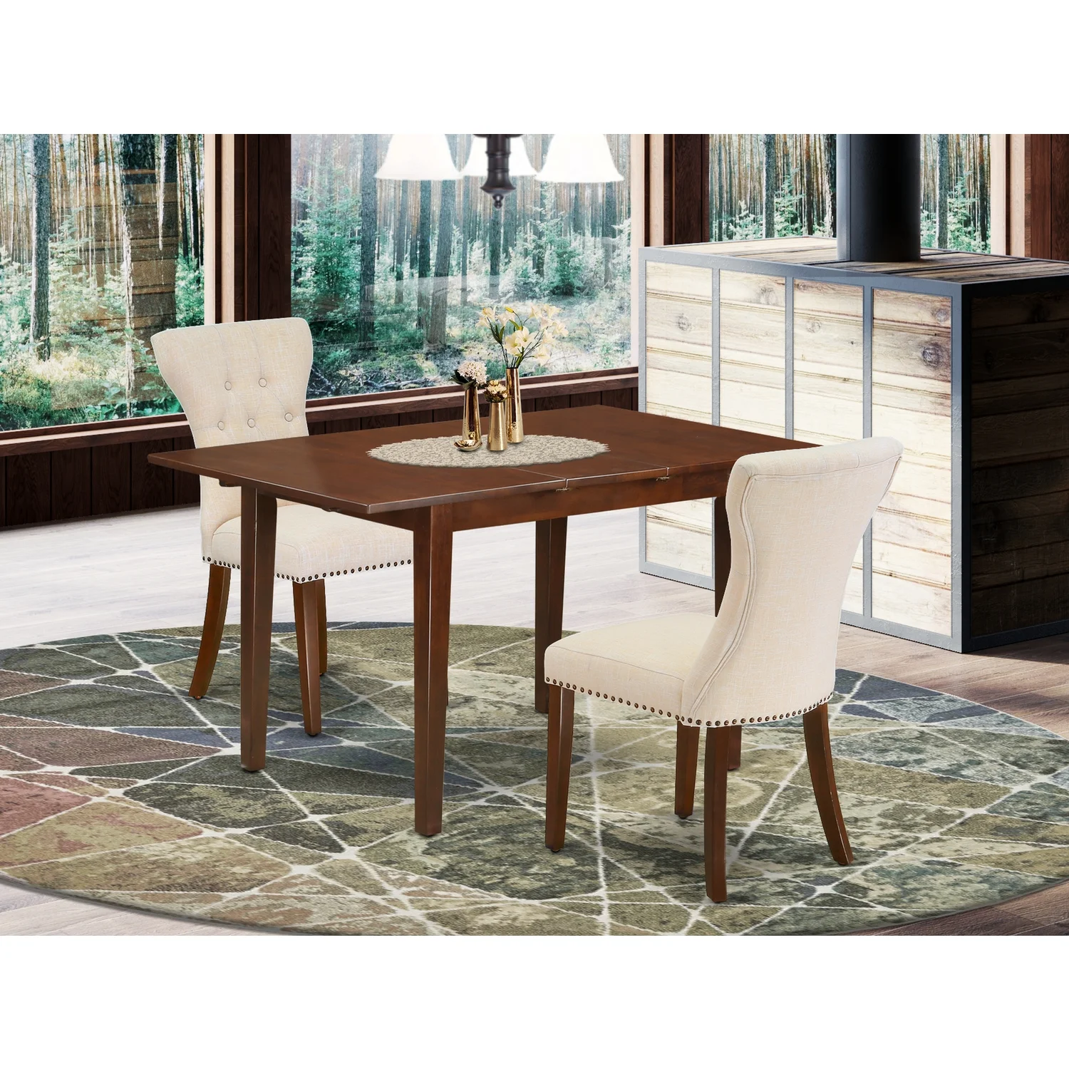 East West Furniture Picasso 3-piece Wood Dining Set in Mahogany/Light Beige
