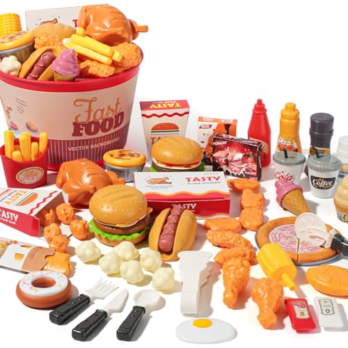 80 Pcs Pretend Play Food Toy for Kids Kitchen Aged 3 4 5, Fast Food Set with Storage Bucket, Pizza, Burger, Ice Cream, Hot Dog, Educational Birthday Toy Gift for Boys Girls