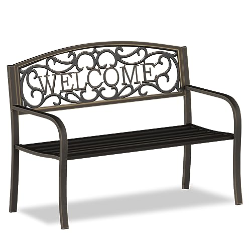 On Shine 50'' Outdoor Bench Weatherproof, Cast Iron All Metal Frame Garden Bench, Anti-Rust Patio Park Bench Clearance for Front Porch, Yard, Lawn, Deck