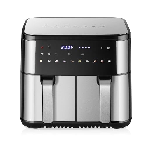 10QT DualZone 2-Basket Air Fryer with 2 Independent Frying Baskets，SYNC Controls & Match Cook Apply to Veggies, Frozen Food, Juicy Meats, Suitable for Large Families