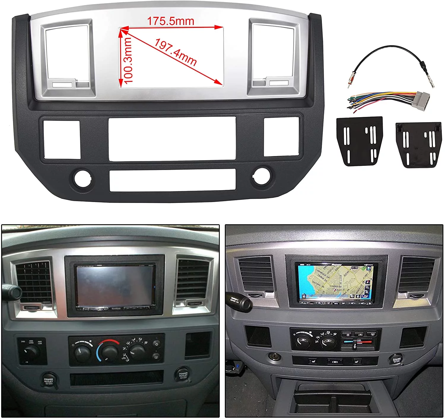 Kojem Stereo Radio Double Din Dash Install Bezel Kit, Dash Kit for 2006-2009 Dodge Ram Truck Silver Slate Gray