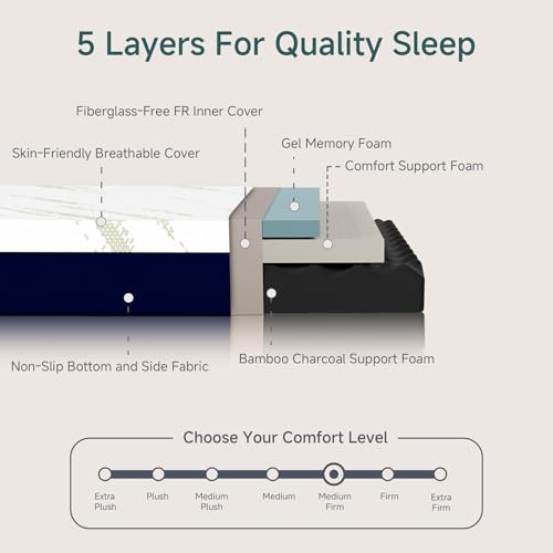 12 Inch Queen Mattress, Gel Memory Foam Bed in a Box, Medium Firm, CertiPUR-US Certified, Pressure Relief, Comfortable Sleep for Couples, Adults, Guest Rooms