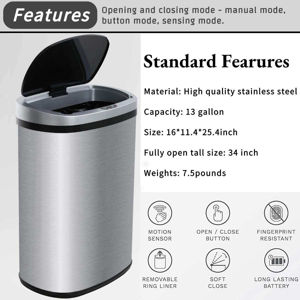 13 Gallon Stainless Steel Kitchen Trash Can with lid, Automatic Motion Sensor Garbage Trash Bin w/Toch-Free & Anti-Fingerprint Mute, for Home Office Bedroom, Powered by 4C Batteries (not Included)