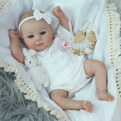 SCOM Lifelike Reborn Baby Dolls Juliette - 18 Inch Adroable Girl Doll, Soft Vinyl Body, Realistic Smiling Baby Dolls, Hand-Painted Hair Real Life Silicone Dolls with Accessories, for Kids 3+ Gifts