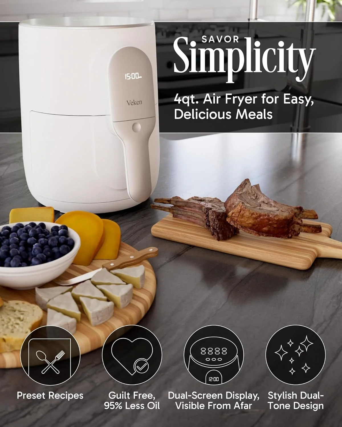 OUWI Air Fryer - White, 4qt with 8 Preset Cooking Modes, Advanced AirFryer for Healthy, Fast & Efficient Air Frying, Dual-Monitor Screen