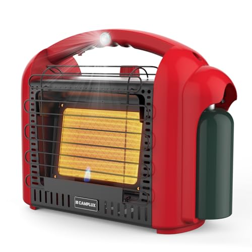 CAMPLUX Portable Propane Heater Outdoor and Indoor, 12000 BTU LP Gas Buddy Heater for Camping with ODS & Tip-over Protection, 1lb Propane Radiant Heating with LED light, Red