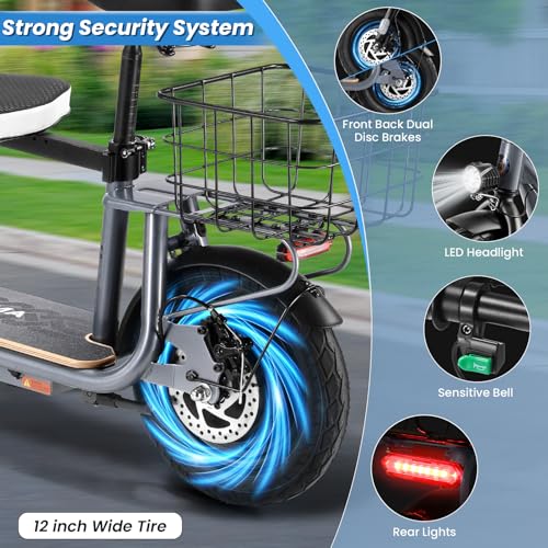 Caroma Peak 500W/800W/1200W Electric Scooter with Seat, 30 Miles Max Range Electric Scooter Adults&Teens, 48V Large Battery, 20MPH Top Speed Foldable Ebike, Adjustable E-Bike with Basket&Kid Seat