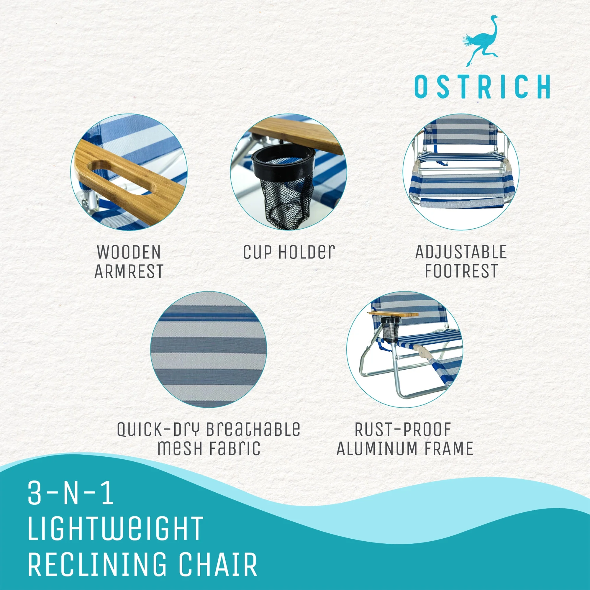 Ostrich 3N1 Reclining Beach Chair & On-Your-Back Beach Chair, Striped Blue