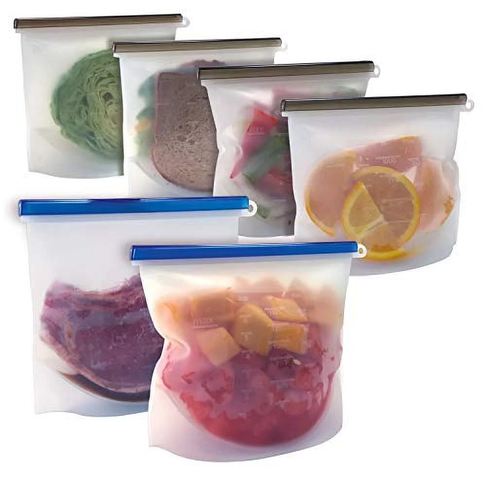 Silicone Reusable Food Storage Bags (Set of 6) (2 Large 50oz + 4 Medium 33.8oz), by Better Kitchen Products, Airtight, Expandable Gusset, Easy Stand-Up, for Solids, Liquids, Refrigerator and Freezer,