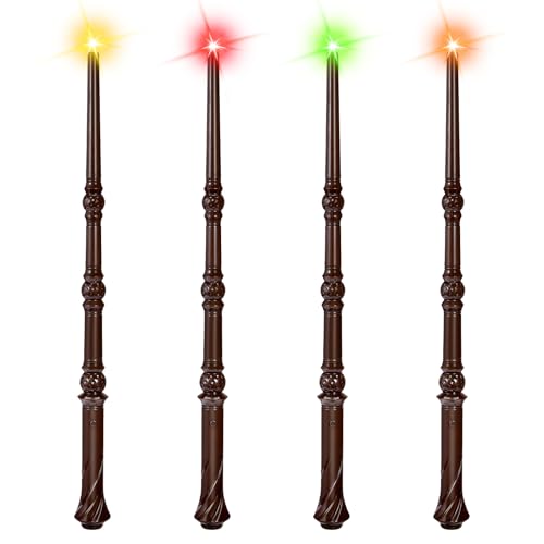 EnrichFun Light Up Magic Wand with Sounds & 4 Color Lights - 4PCS Illuminating Wizard Witch Toy Wands for Kids - Cosplay Birthday Party Favors, Brown