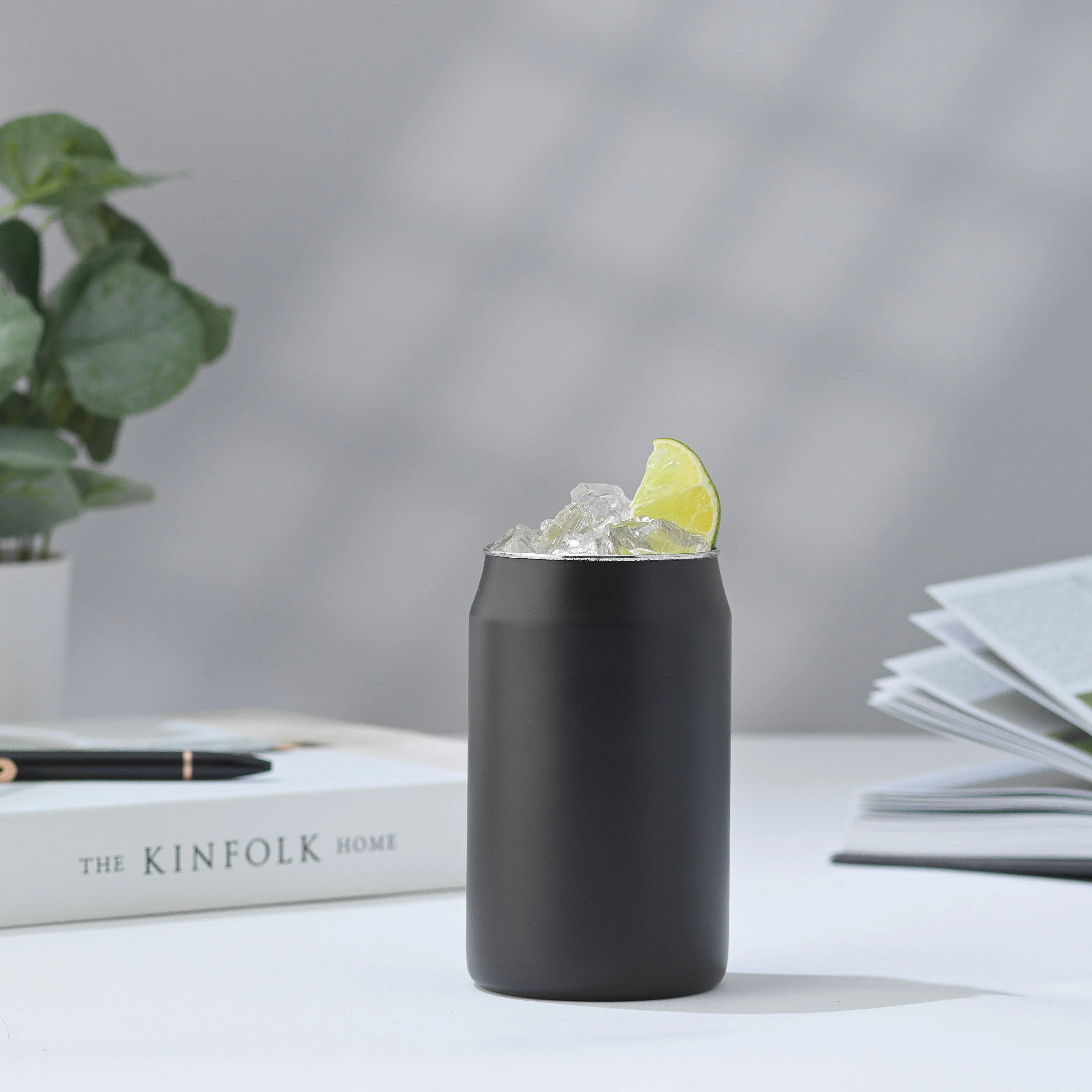 Stainless Steel Can Drinking Tumblers with 6 Straws & Brush- 16 oz - Black