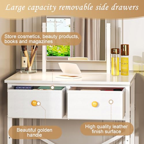 X-cosrack Small Makeup Vanity Desk with Mirror & Chair, Mini Vanity Desk Table Set with Fabric Storage Drawer, 19.7
