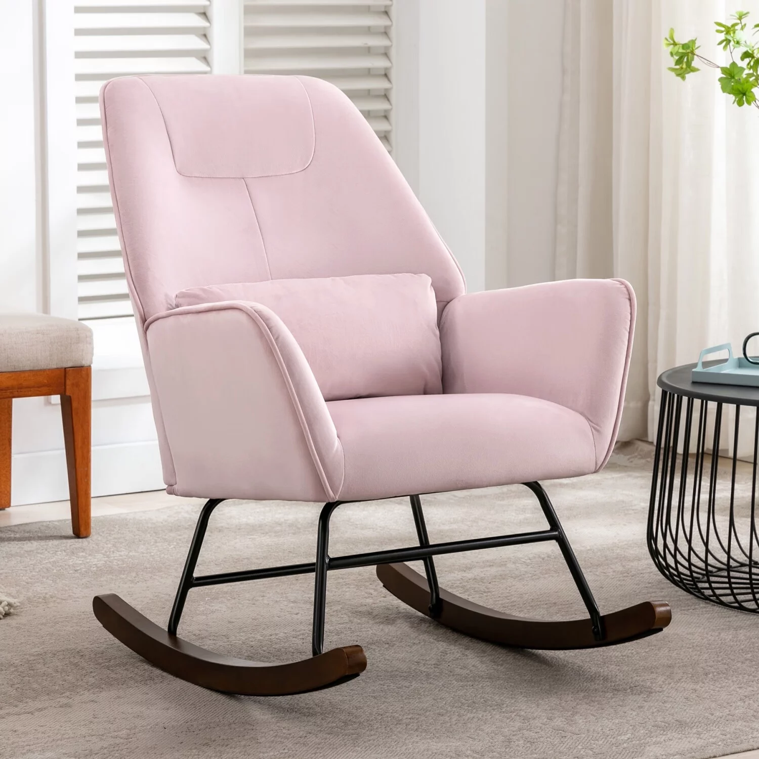 HomeMiYN Rocking Chair Comfy Nursery Upholstered Armchair for Living Room, Bedroom, Pink