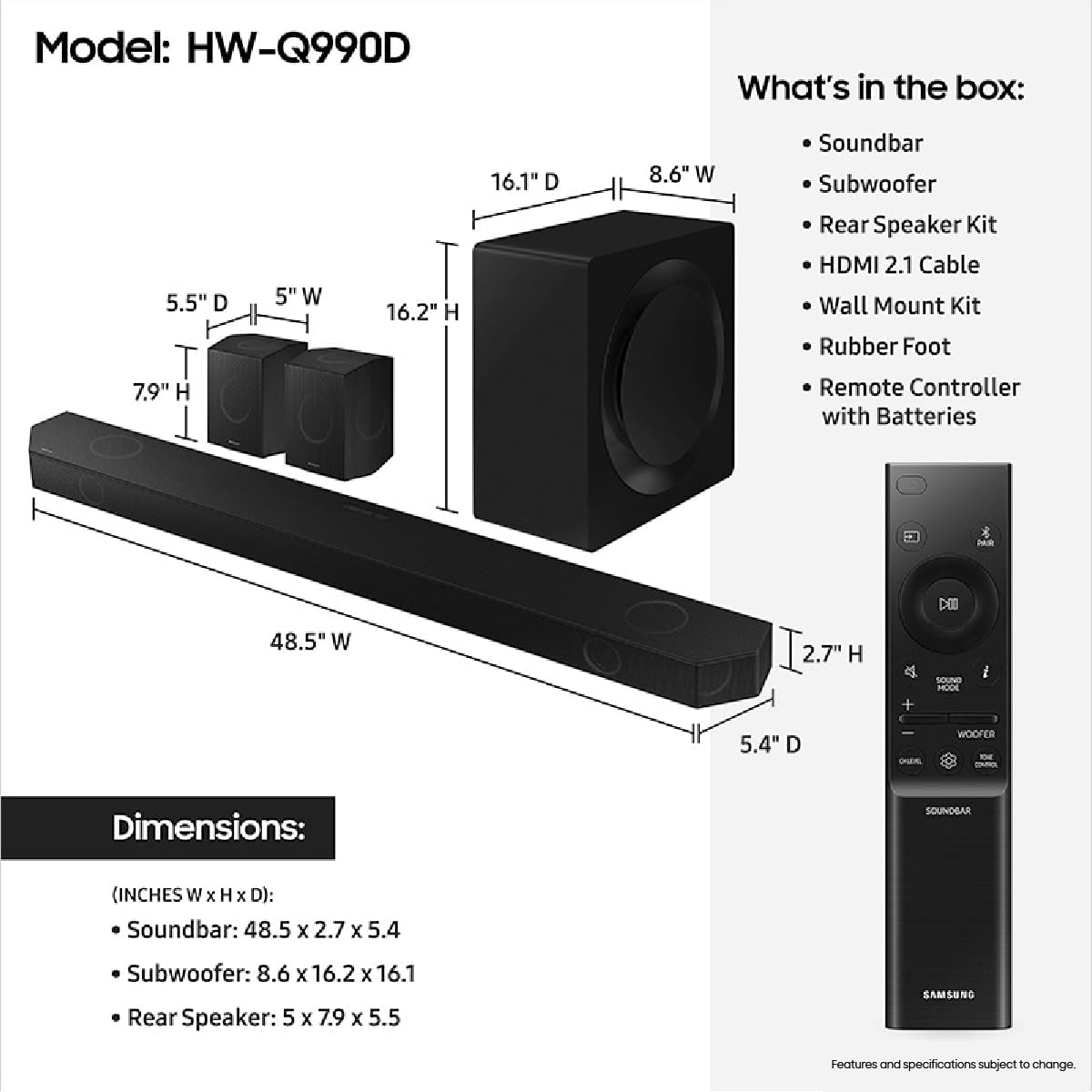 SAMSUNG Q990D 11.1.4ch Soundbar w/Wireless Dolby Atmos Audio, Rear Speaker Included HW-Q990D/ZA (Newest Model 2024) + Plus 2-Year Extended Warranty by Epic