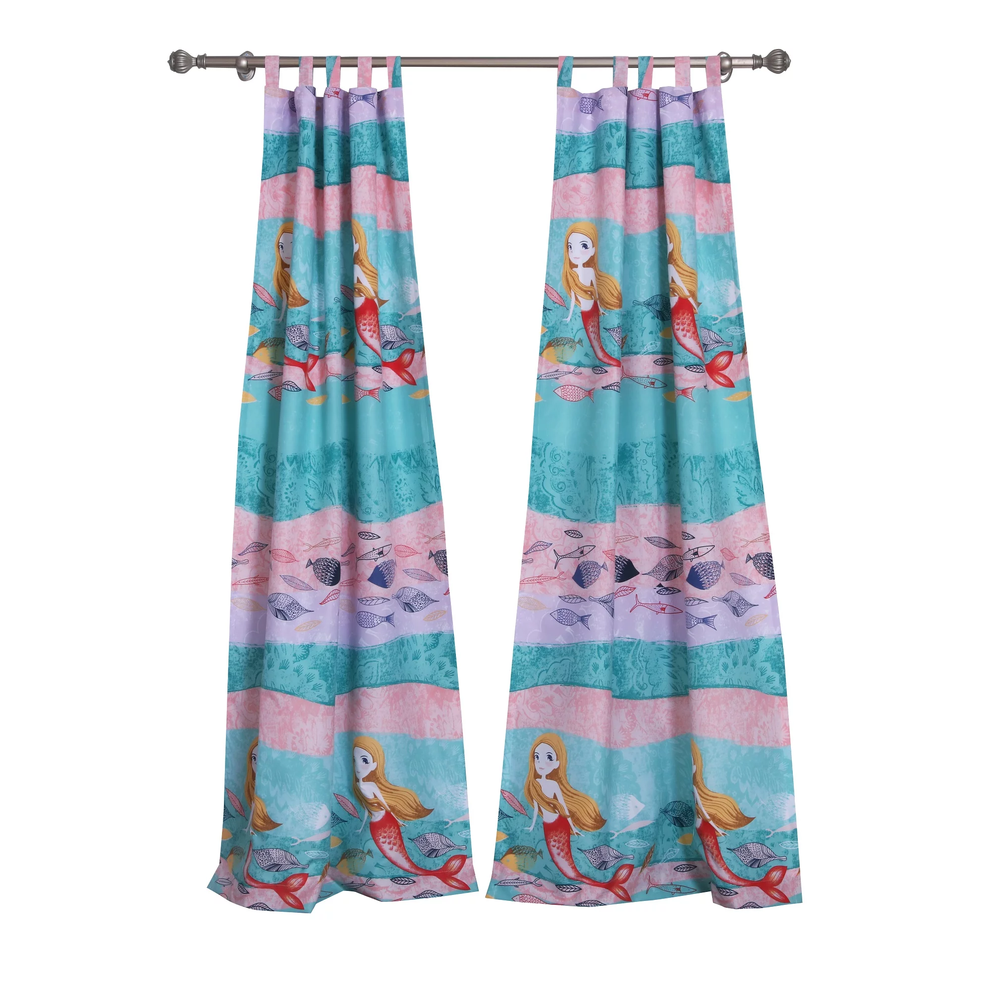 Global Trends Marina Light Filtering Tab Top Kids Mermaid Curtain Panels, Set of Two, 84" Long x 84" Wide