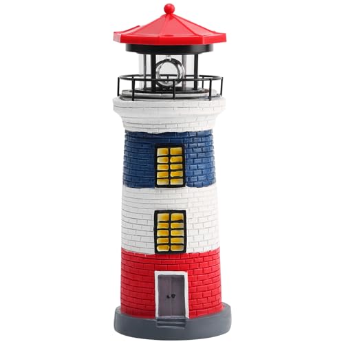 LED Solar Power Lighthouse Statue Rotating Outdoor Light Garden Yard Lawn Craft Ornament (Black and White)
