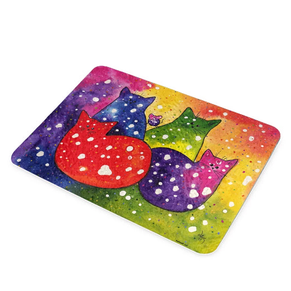 KuzmarK Glass Cutting Board - Fiesta Polka-Dot Kitties and Mouse Cat Abstract Art by Denise Every