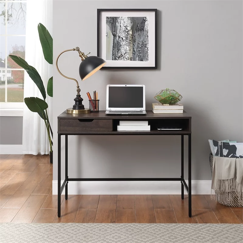 Contempo 40-Inch Desk with Drawer and Shelf in Brown Wood Grain Finish