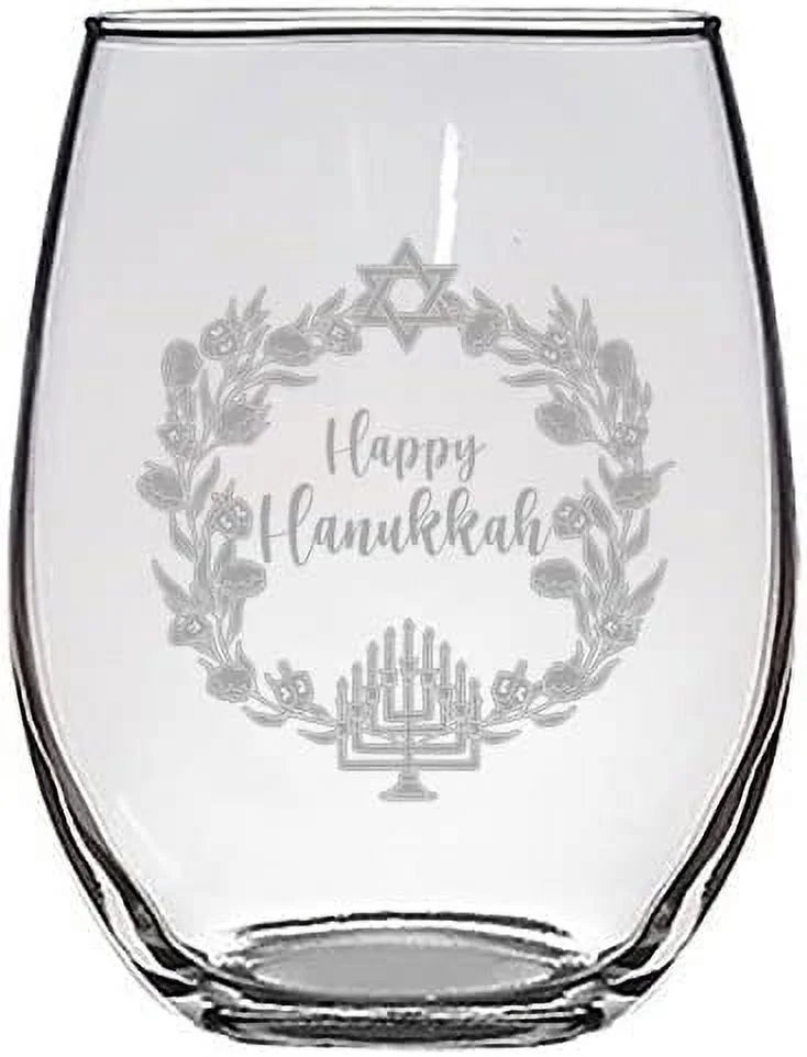 Holiday Wreath - Engraved 15.5 Oz Stemless Wine Glass (Hanukkah Wreath)