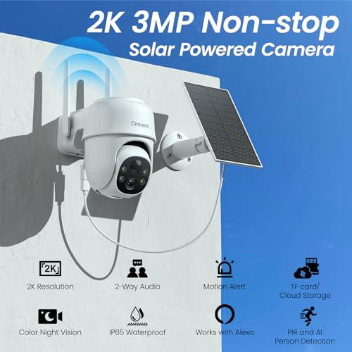 2K Cameras for Home Security-2.4G WiFi Outdoor Camera Wireless Solar/Battery Powered with solar panel, 360° Viewing, AI Human Detection, Color Night Vision, with SD Storage, Works with Alexa(2 Pack)
