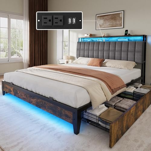 YITAHOME Queen Size Bed Frame with RGB LED Lights and 4 Drawers, Upholstered Platform Bed with Charging Station and Storage Headboard, No Box Spring Needed, Noise-Free, Fast Assembly, Rustic Grey