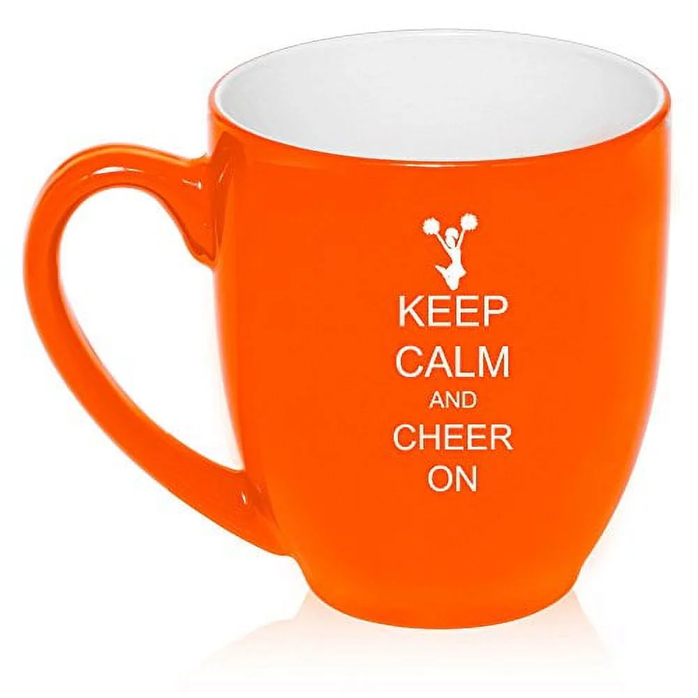 16 oz Large Bistro Mug Ceramic Coffee Tea Glass Cup Keep Calm And Cheer On (Orange)