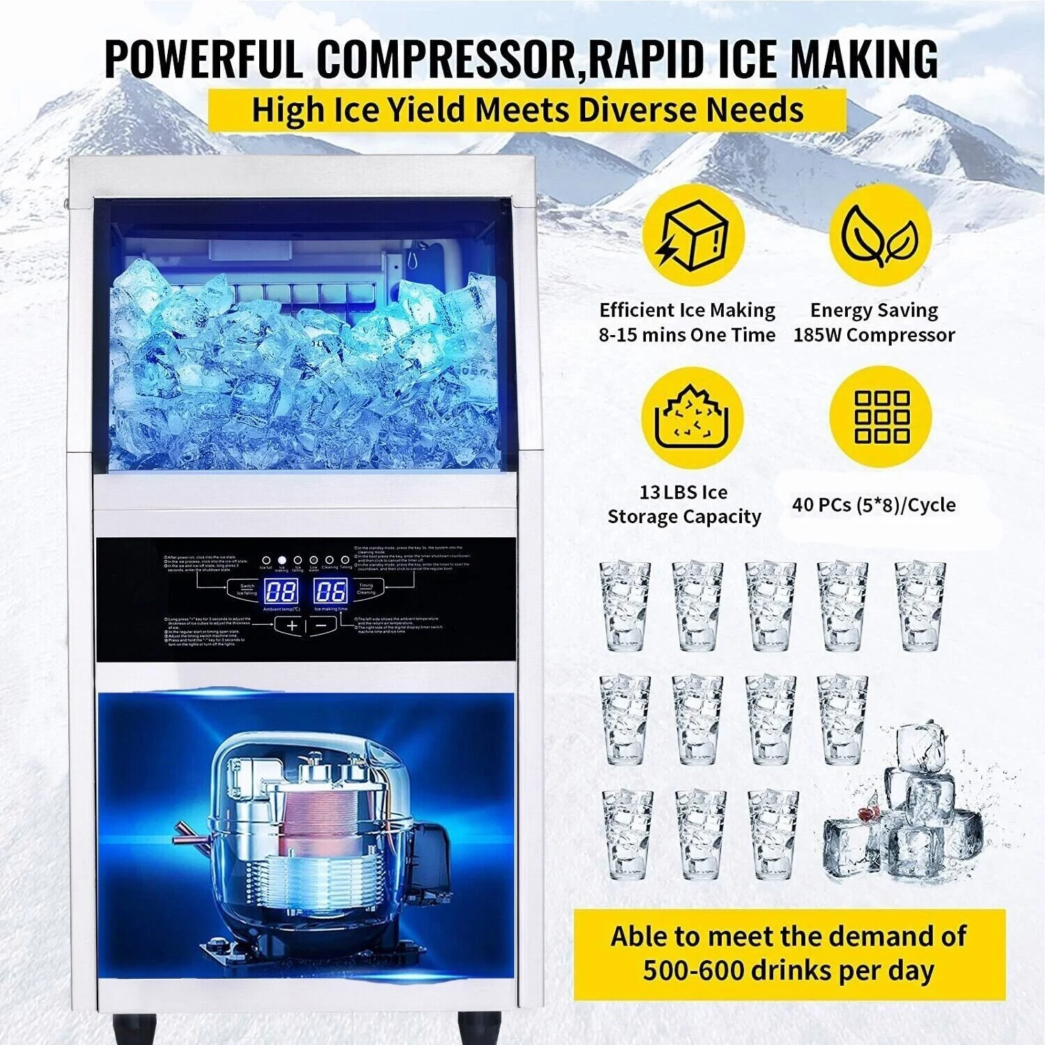 Zomagas Commercial Ice Maker 90lb Stainless Steel Bar Restaurant Built-in Cube Machine