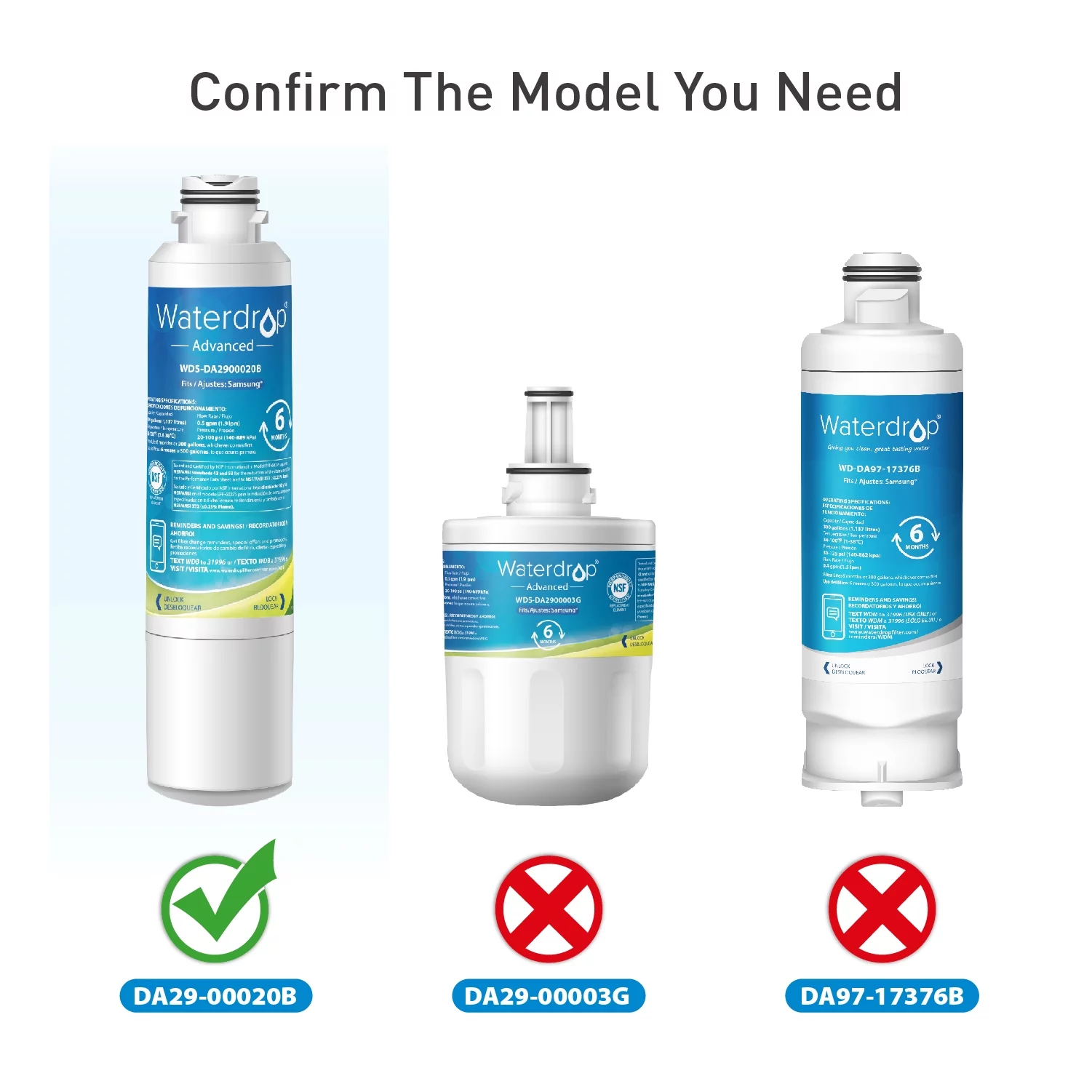 Waterdrop DA29-00020B Refrigerator Water Filter, Replacement for  Samsung DA97-08006A-BDA29-00020B, DA29-00020B, Haf-Cin/Exp, 46-9101, RF24FSEDBSR, RF4267HARS, RF28HFEDBSR, 2 Pack