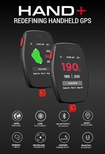 Hand+ Handheld Golf GPS Device, Shot Tracker, Record Shots, Club, GIR, Fairways, Putts, Golf Distance Range Finder, Touch Screen, 42,000+ Courses, Green View, Pin Positioning, Magnetic, Free App, IPX7