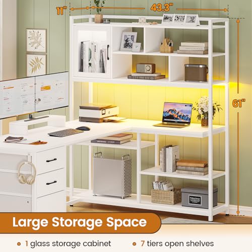 SEDETA L Shaped Computer Desk, 58'' Office Desk with 3 Drawers and Bookshelf, L Shaped Corner Desk with Storage Shelves and LED Light for Home Office, Gaming Desk, L Desk, Rustic Brown