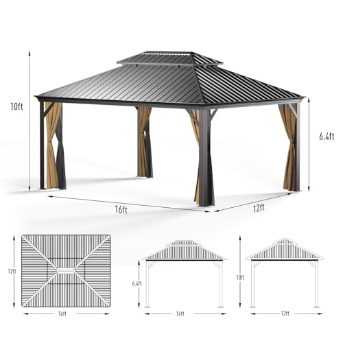 Gazebo 10' x 12' with Mosquito Net and Privacy Sidewalls, Patio Aluminum Permanent Gazebo, All Weatherproof Outdoor Hardtop Metal Gazebos，for Patio, Garden, Parties, Backyard,Lawn.