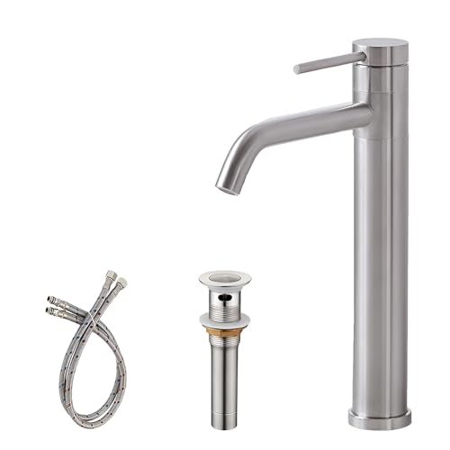 Hotis Vessel Sink Faucet Brushed Nickel, Tall Bathroom Faucet, Single Hole Mixer Spout 360 Swivel Stainless Steel, Bathroom Sink Faucets for Sink 1 Handle with Pop Up Drain