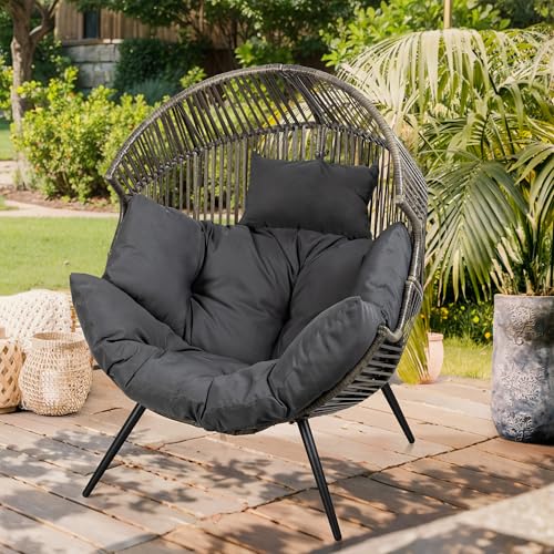 Vongrasig Wicker Egg Chair PE Rattan Chair with Cushion, Oversized Patio Lounge Chair for Outdoor, Indoor, Balcony, Backyard, Garden, Living Room, Beige