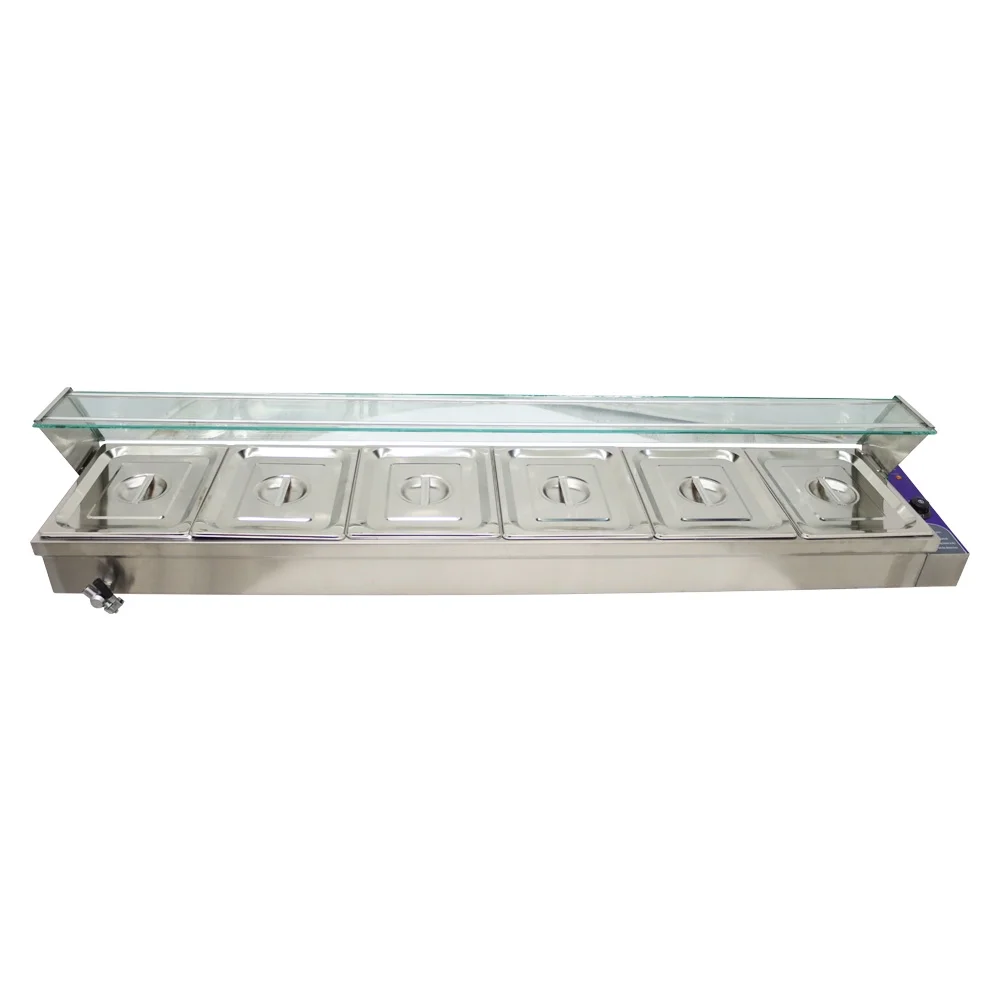 TECHTONGDA Electric Commercial Bain-marie Buffet Food Warmer Steam Table with Glass Guard 6-Pan