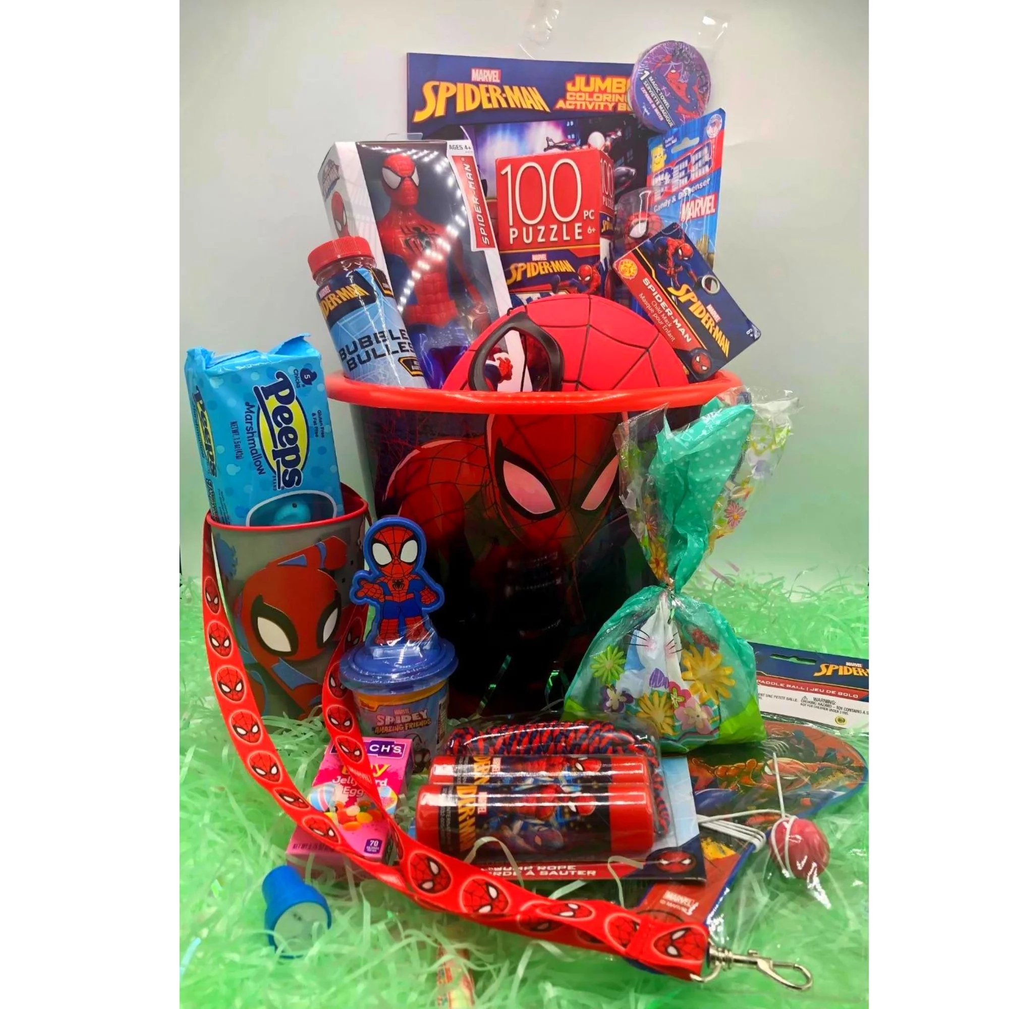 JD Spiderman Easter Basket, Prefilled with Toys, Action Figure, Mask, Puzzle, Coloring Book, Bubbles, Candies & More for Kids Boys, Holiday Birthday, Care Package (Contents Vary)
