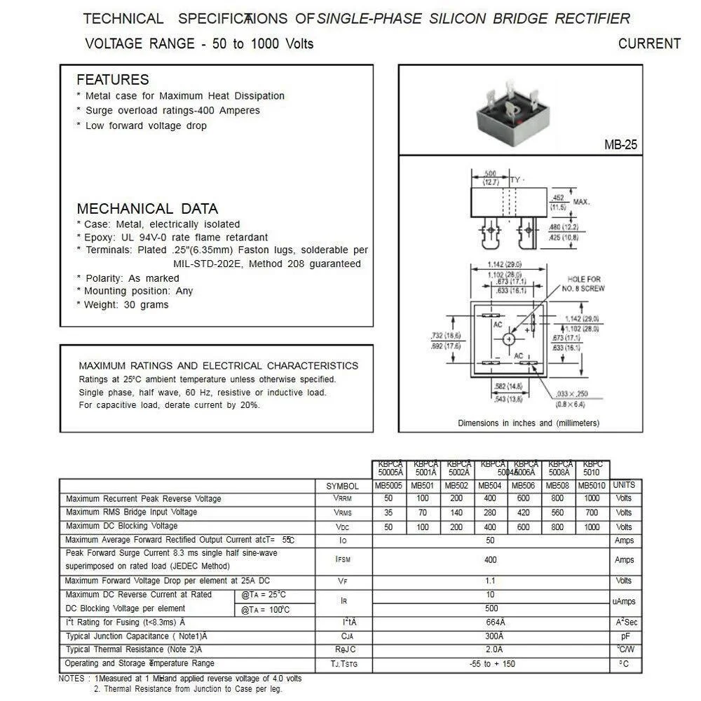 5/10Pcs 1000V 50A Metal Case Single Phase Diode Bridge Rectifier KBPC5010