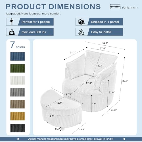 Swivel Accent Chair with Ottoman Modern Accent Chairs for Bedroom Living Room Chair Comfy Corduroy Arm Chair 360°Swivel Barrel Chairs for Living Room (Black, 1)