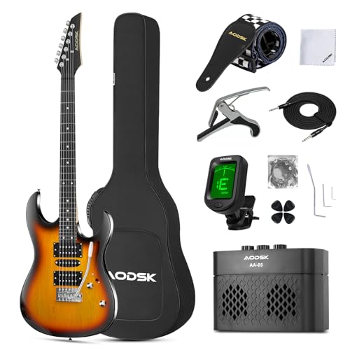 AODSK Electric Guitar with Amp Beginner Kit 39 Inch Solid Body Full Size,All Accessories,Digital Tuner,Six Strings,Four Picks,Tremolo Bar,Strap,Gig Bag,Starter kit (Black-HSS)