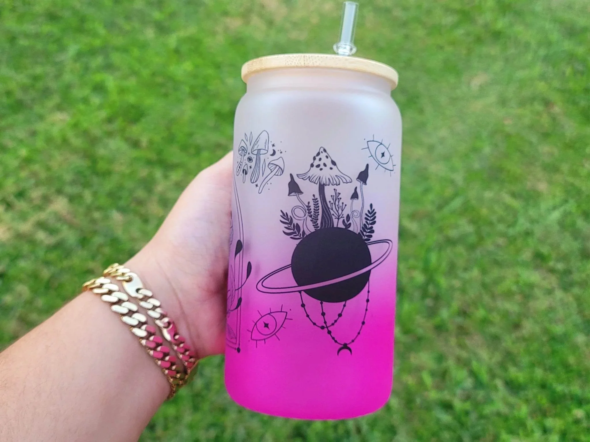 Mushroom Beer Can Glass | Boho Mushroom Coffee Glass | Aesthetic Coffee Glass | 16 oz