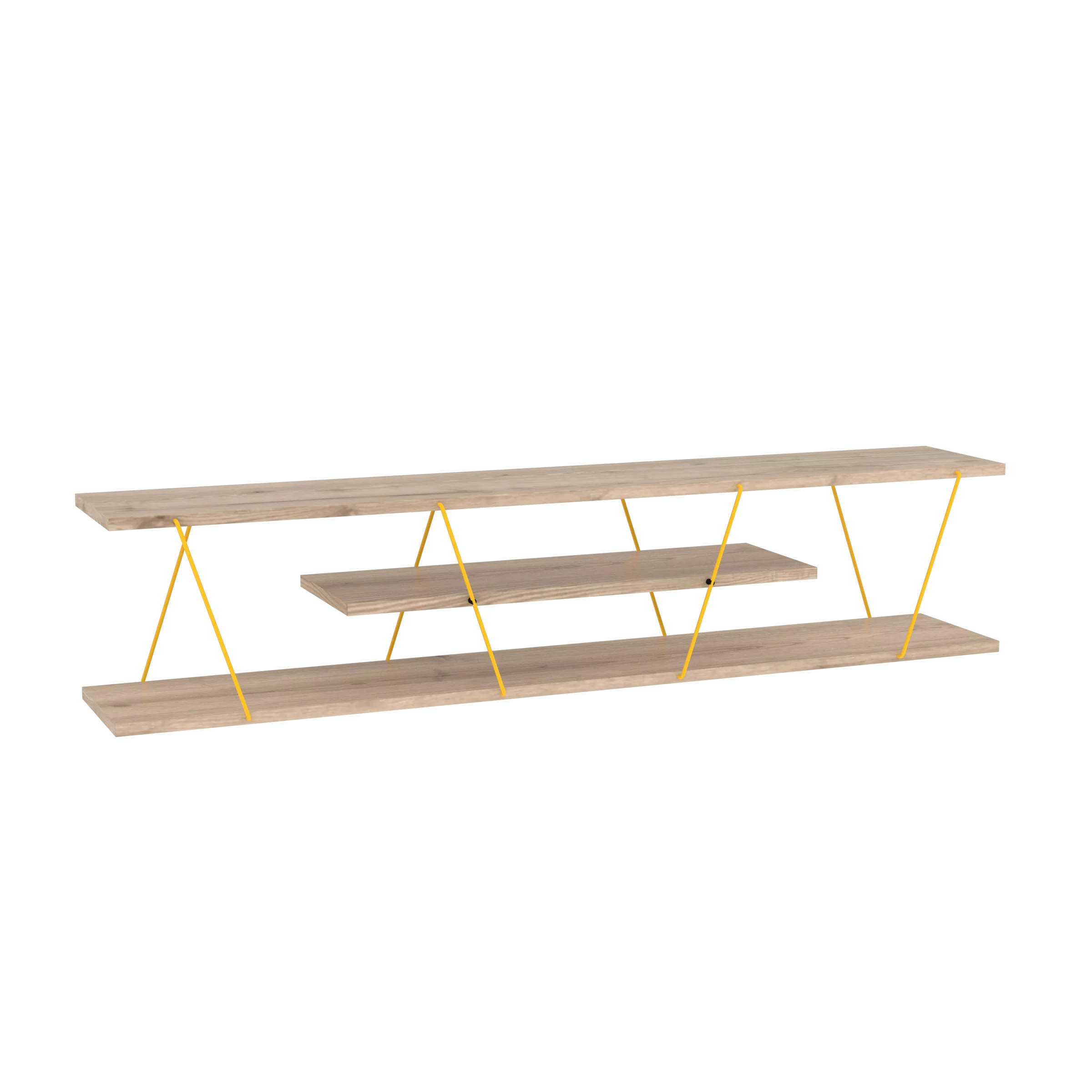 Tars Mid Century Modern Tv Stand 4 Shelves Open Storage Metal Cords Entertainment Centre 56 inch Low Tv Unit, Oak/Yellow