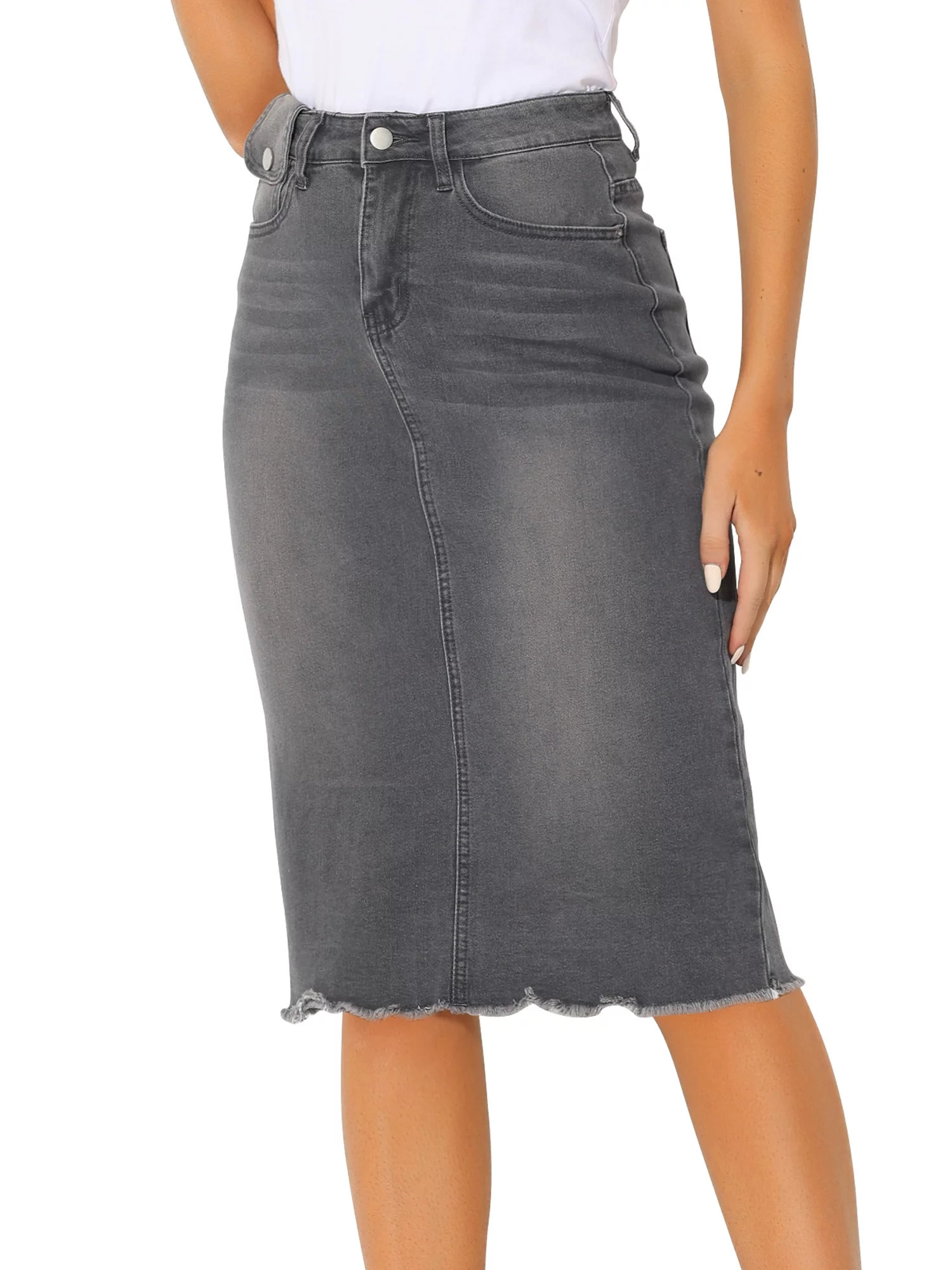 Allegra K Women's Solid High Waist Back Vent Knee Length Denim Skirt