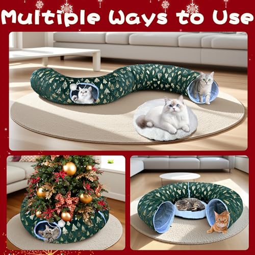 LUCKITTY Christmas Snowflake Print Cat Tunnel Under Tree, Velvet-Touch Jacquard Fabric with Hanging Plush Ball, 10-Inch Diameter 3-Ft Wide Round Pet Tube - Plush & Festive Cat Diversion Red