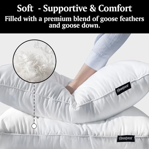 Beautyrest Luxury Goose Feathers Soft Pillows, 500 Thread Count Cotton Cover 20”x36”, King (Pack of 2), Supportive Fluffy Hotel Collection Bed Pillows for Side and Back Sleepers