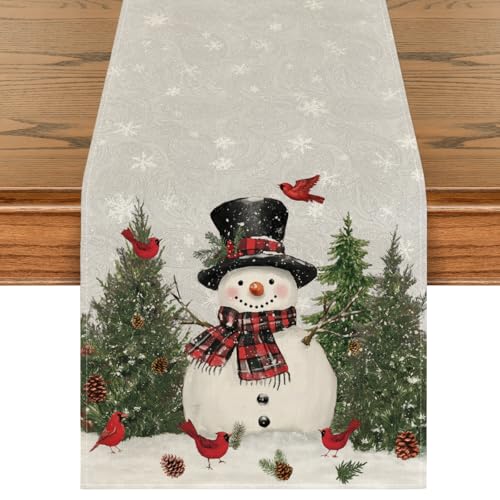 Artoid Mode Snowman Christmas Birds Trees Table Runner, Seasonal Winter Xmas Holiday Kitchen Dining Table Decoration for Indoor Outdoor Home Party Decor 13 x 72 Inch