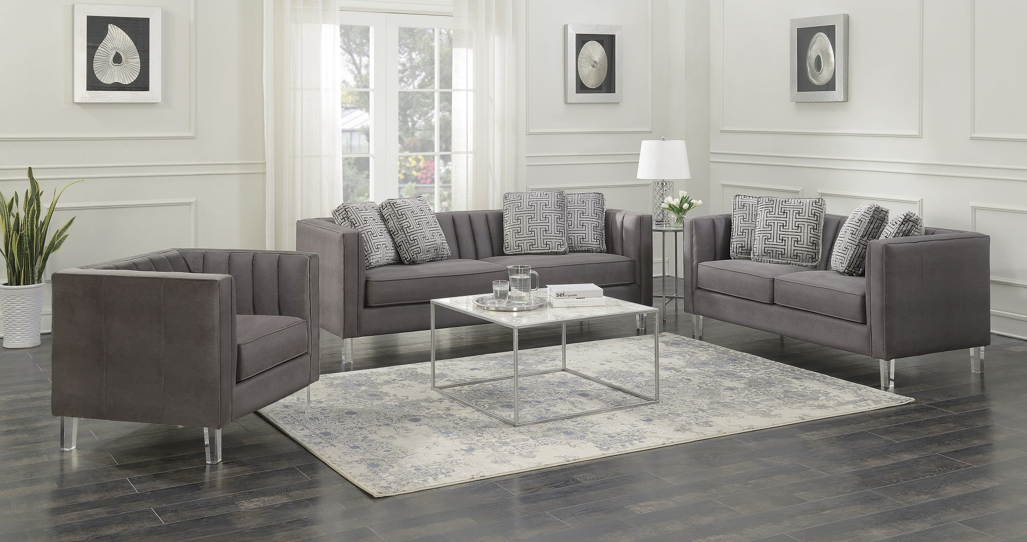 HomeFare Chic Acrylic Leg Iron Channeled Sofa Grey