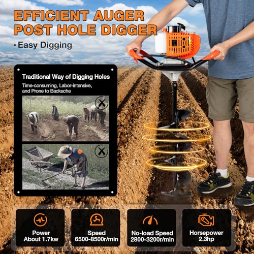 52cc 1700W Auger Post Hole Digger Gas Powered with 3 Drill Bits 4