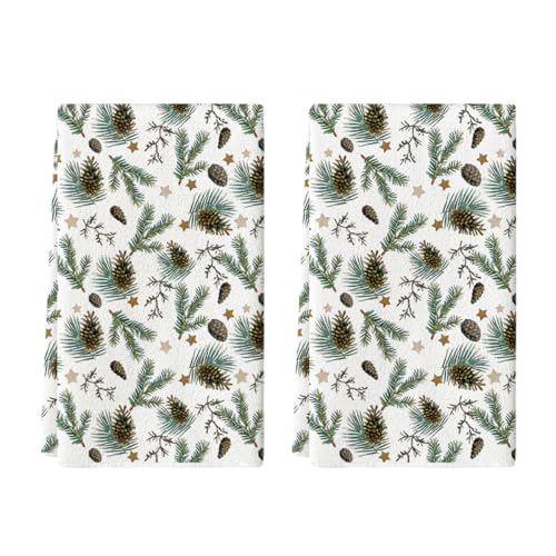 Artoid Mode Star Branch Pinecone Christmas Kitchen Towels Dish Towels, 18x26 Inch Farmhouse Holiday Winter Decoration Cleaning Set of 2