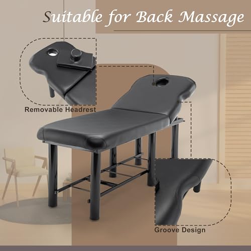 Professional Massage Bed 73 Inch, Treatment Table Salon with Removable Headrest, Faux Leather Stationary Physical Therapy Table, Spa Facial with Adjustable Backrest, Steel Frame, Black